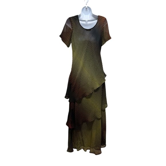 Vintage Nikky Polyester Georgette Green Brown Maxi Dress Size S - Picture 1 of 4